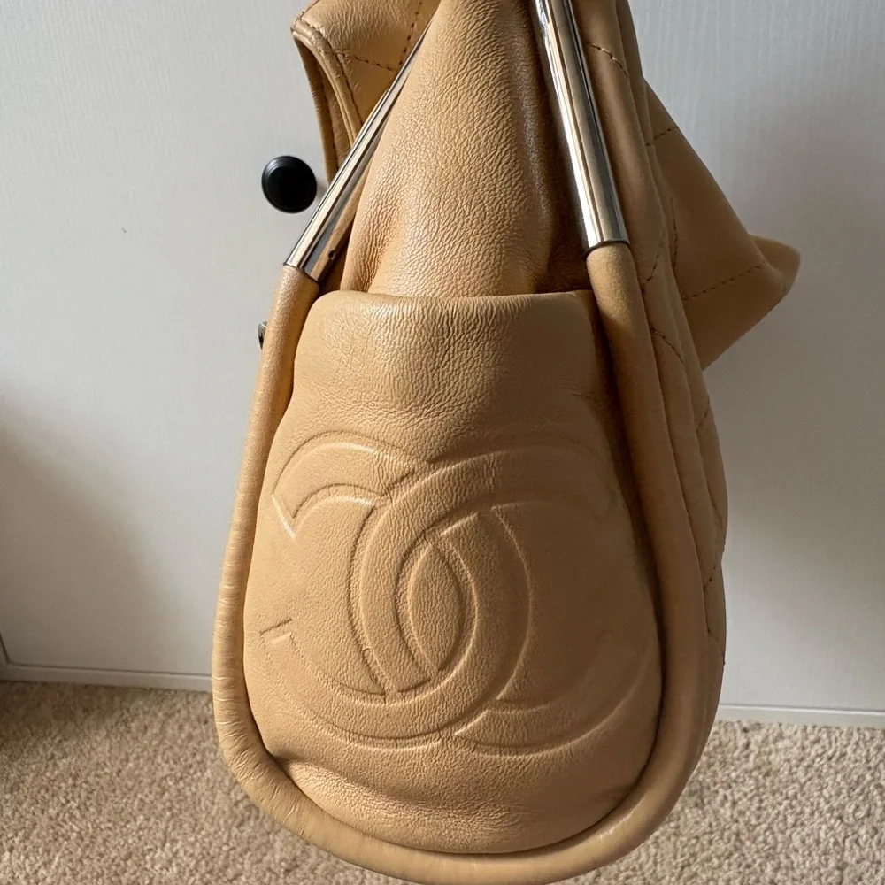 Authentic CHANEL Beige Quilted lambskin Shoulder Bag with Silver-Tone Hardware